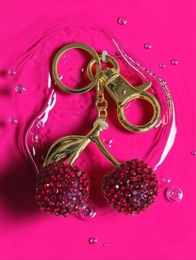 NEW Piper K Cherry With Glass Stones Bag Charm & Key Chain Gold & Red NWT